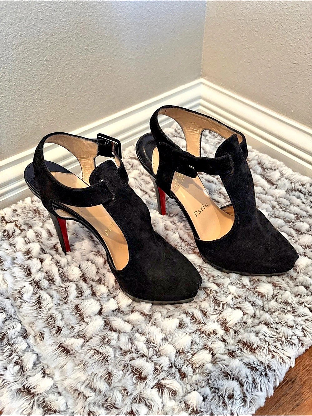 Christian Louboutin Black & Red Suede T-Strap Heels